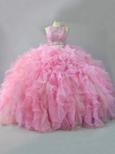Customized Pink Organza Lace Up Scoop Sleeveless Floor Length 15 Quinceanera Dress Beading and Ruffles