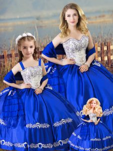 Unique Royal Blue Satin Lace Up Sweetheart Sleeveless Floor Length Sweet 16 Quinceanera Dress Beading and Embroidery