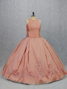 Cute Peach Sleeveless Floor Length Embroidery Zipper Sweet 16 Dresses