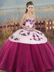 Noble Fuchsia Lace Up Sweetheart Embroidery and Bowknot Quinceanera Dresses Tulle Sleeveless