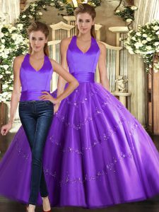 Purple Tulle Lace Up Quinceanera Dresses Sleeveless Floor Length Beading