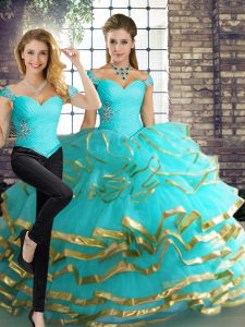 Beading and Ruffled Layers Quinceanera Dresses Aqua Blue Lace Up Sleeveless Floor Length