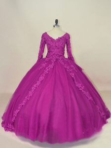 Fuchsia Tulle Lace Up V-neck Long Sleeves Floor Length Vestidos de Quinceanera Lace and Appliques