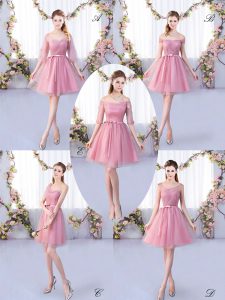 Fashionable Pink A-line V-neck Half Sleeves Tulle Mini Length Lace Up Appliques and Belt Dama Dress