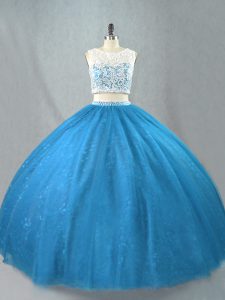 Exceptional Blue Two Pieces Scoop Sleeveless Tulle Floor Length Zipper Beading Ball Gown Prom Dress