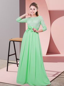 Floor Length Apple Green Quinceanera Court Dresses Chiffon 3 4 Length Sleeve Lace and Belt