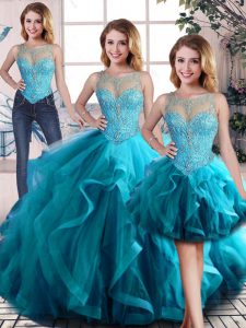 Custom Fit Beading and Ruffles Quinceanera Dresses Aqua Blue Lace Up Sleeveless Floor Length