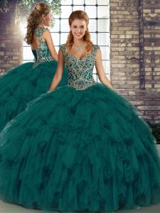 Adorable Sleeveless Floor Length Beading and Ruffles Lace Up Sweet 16 Dress with Peacock Green