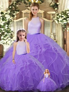 Comfortable Lavender Ball Gowns Tulle High-neck Sleeveless Ruffles Floor Length Backless Quinceanera Dresses