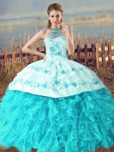 Trendy Sleeveless Organza Court Train Lace Up Ball Gown Prom Dress in Aqua Blue with Embroidery and Ruffles