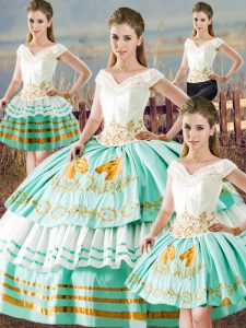 Embroidery and Ruffled Layers Quinceanera Dresses Apple Green Lace Up Sleeveless Floor Length