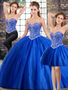Blue Sleeveless Brush Train Beading Quinceanera Dress