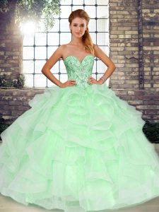 New Arrival Sleeveless Tulle Floor Length Lace Up Quince Ball Gowns in Apple Green with Beading and Ruffles
