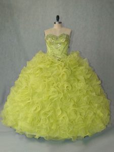 Yellow Green Sleeveless Organza Brush Train Lace Up Ball Gown Prom Dress for Sweet 16 and Quinceanera