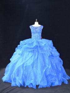 Blue Quince Ball Gowns Sweet 16 and Quinceanera with Beading and Ruffles Scoop Sleeveless Brush Train Lace Up