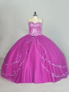 New Arrival Tulle Sweetheart Sleeveless Brush Train Lace Up Beading and Sequins Quince Ball Gowns in Fuchsia