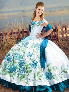 Most Popular Sleeveless Floor Length Embroidery and Ruffles Lace Up Ball Gown Prom Dress with Blue And White