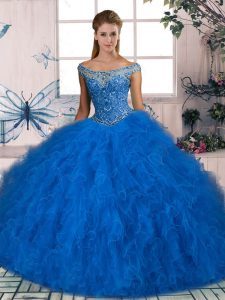 Blue Off The Shoulder Lace Up Beading and Ruffles Quince Ball Gowns Sleeveless