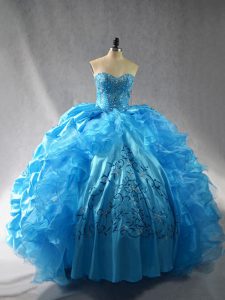 High Quality Baby Blue Ball Gowns Sweetheart Sleeveless Organza Floor Length Lace Up Embroidery and Ruffles Vestidos de Quinceanera