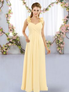 Sleeveless Chiffon Floor Length Lace Up Quinceanera Dama Dress in Yellow with Hand Made Flower