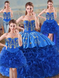 Lovely Royal Blue Fabric With Rolling Flowers Lace Up Sweetheart Sleeveless Floor Length Sweet 16 Dress Embroidery and Ruffles