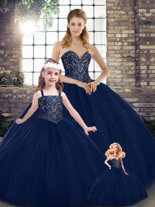 Delicate Navy Blue Ball Gowns Sweetheart Sleeveless Tulle Floor Length Lace Up Beading Quinceanera Gown