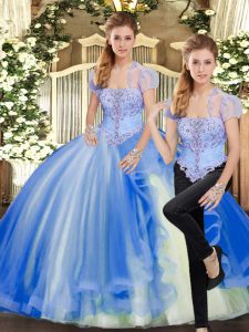 High Class Blue Two Pieces Tulle Strapless Sleeveless Beading and Ruffles Floor Length Lace Up Sweet 16 Quinceanera Dress