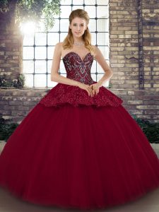Delicate Burgundy Ball Gowns Tulle Sweetheart Sleeveless Beading and Appliques Floor Length Lace Up Quinceanera Gown