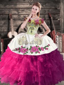 Fuchsia Ball Gowns Off The Shoulder Sleeveless Satin Floor Length Lace Up Embroidery and Ruffles Quinceanera Gowns