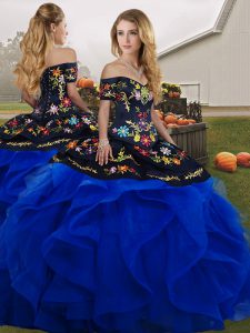 Cute Blue And Black Ball Gowns Tulle Off The Shoulder Sleeveless Embroidery and Ruffles Floor Length Lace Up 15th Birthday Dress