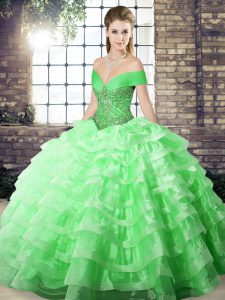 Green Organza Lace Up Off The Shoulder Sleeveless Sweet 16 Dresses Brush Train Beading and Ruffled Layers
