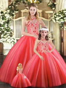 Best Halter Top Sleeveless Sweet 16 Dress Floor Length Embroidery Coral Red Tulle