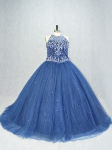 Navy Blue Lace Up Scoop Beading Quince Ball Gowns Tulle Sleeveless Brush Train