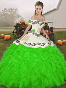 Organza Off The Shoulder Sleeveless Lace Up Embroidery and Ruffles 15 Quinceanera Dress in Green