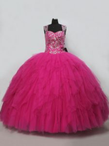 Best Selling Beading and Ruffles Sweet 16 Dresses Hot Pink Lace Up Sleeveless