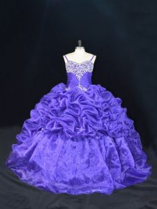 Designer Purple Lace Up Straps Beading and Pick Ups Quince Ball Gowns Organza Sleeveless Brush Train
