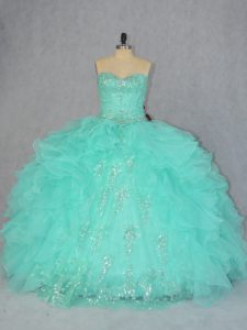 Great Apple Green Lace Up Sweetheart Beading and Ruffles Quince Ball Gowns Organza Sleeveless