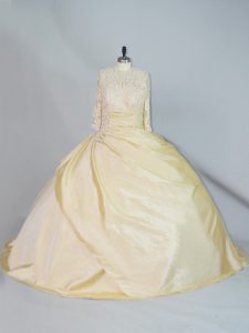 Sexy Yellow Lace Up High-neck Lace Quince Ball Gowns Taffeta Long Sleeves Brush Train