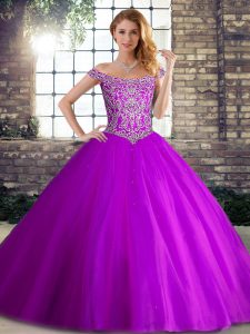 High End Off The Shoulder Sleeveless Brush Train Lace Up Ball Gown Prom Dress Purple Tulle