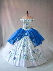 Dynamic Blue And White Quinceanera Gown Sweet 16 and Quinceanera with Embroidery and Ruffles Off The Shoulder Sleeveless Lace Up