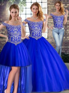Tulle Off The Shoulder Sleeveless Brush Train Lace Up Beading Ball Gown Prom Dress in Royal Blue