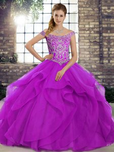 Purple Sleeveless Tulle Brush Train Lace Up Quinceanera Gown for Military Ball and Sweet 16 and Quinceanera