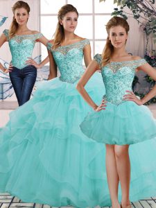 Fantastic Off The Shoulder Sleeveless Lace Up Quinceanera Gown Aqua Blue Tulle