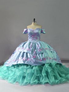 Luxurious Blue Sleeveless Organza Chapel Train Lace Up Quinceanera Dress for Sweet 16 and Quinceanera