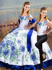 Excellent Satin Off The Shoulder Sleeveless Lace Up Embroidery Sweet 16 Quinceanera Dress in Blue And White