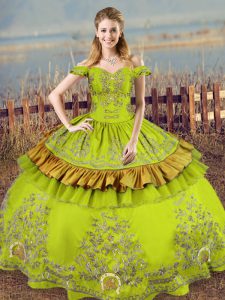 Great Off The Shoulder Sleeveless Lace Up Sweet 16 Quinceanera Dress Olive Green Satin