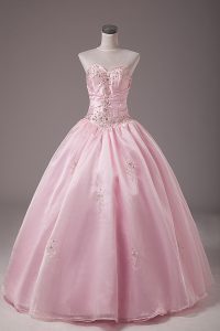Traditional Baby Pink Ball Gowns Beading and Embroidery Quinceanera Gowns Lace Up Organza Sleeveless Floor Length