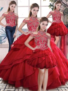 Floor Length Red Quinceanera Gown Organza Sleeveless Beading and Ruffles