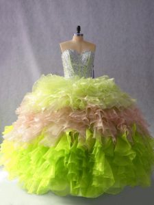 Multi-color Organza Lace Up 15th Birthday Dress Sleeveless Floor Length Beading and Ruffles