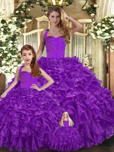 Fantastic Purple Ball Gowns Halter Top Sleeveless Organza Floor Length Lace Up Ruffles Quinceanera Gowns